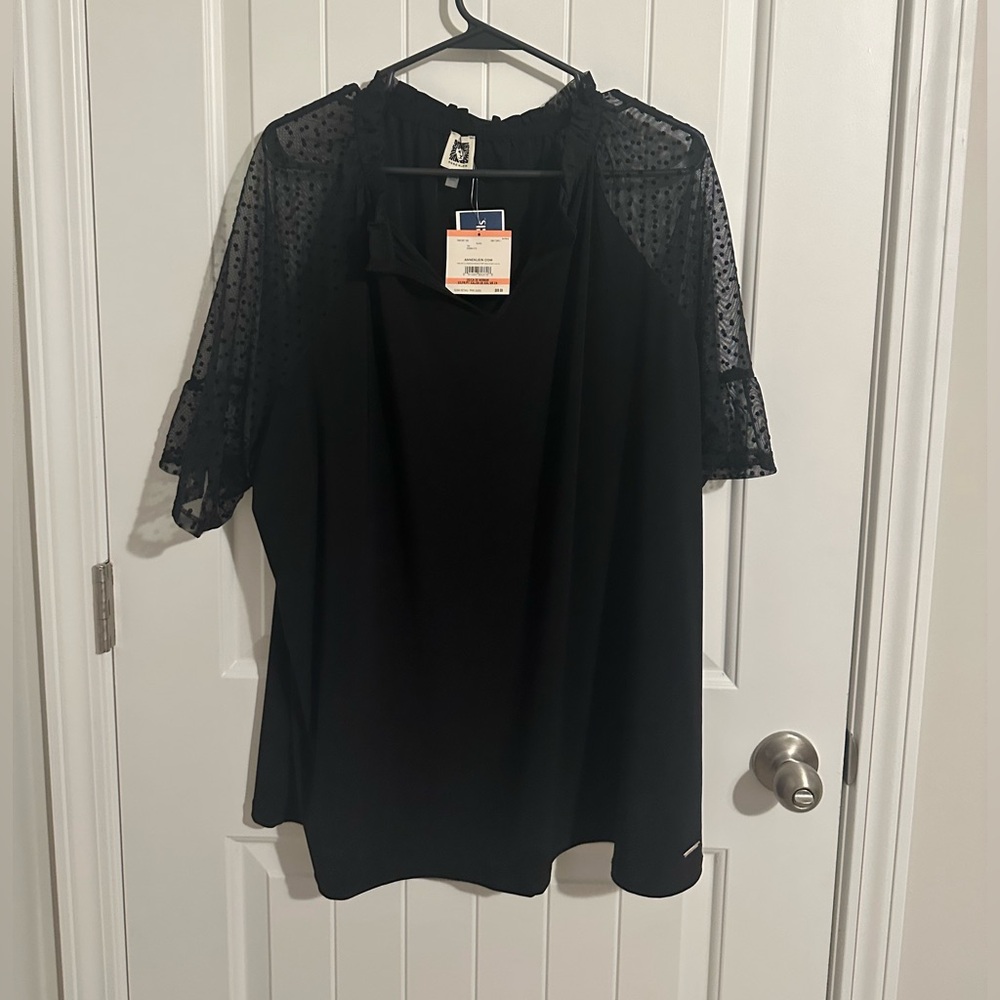 Anne Klein Black Blouse with Sheer Polka Dot Sleeves